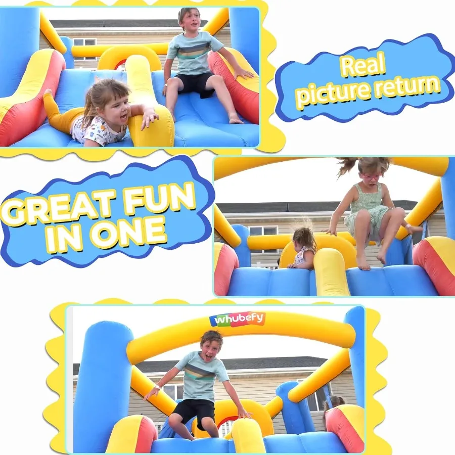Springkasteel voor kinderen 3-6, 12,6x9 FT opblaasbaar springkasteel met hindernisbaan voor kinderen, groot springgebied, dubbele glijbaan, uit