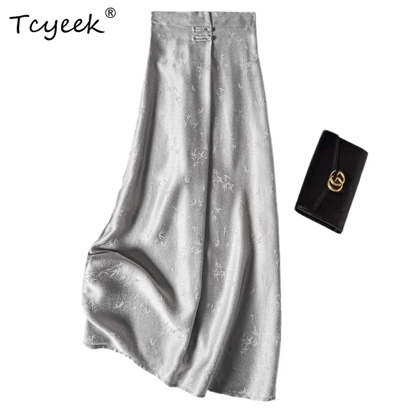 

Tcyeek 100% Real Mulberry Silk Summer Thin High Waist Gray One Step Loose Mid Length Women's Skirt Faldas Para Mujeres スカート