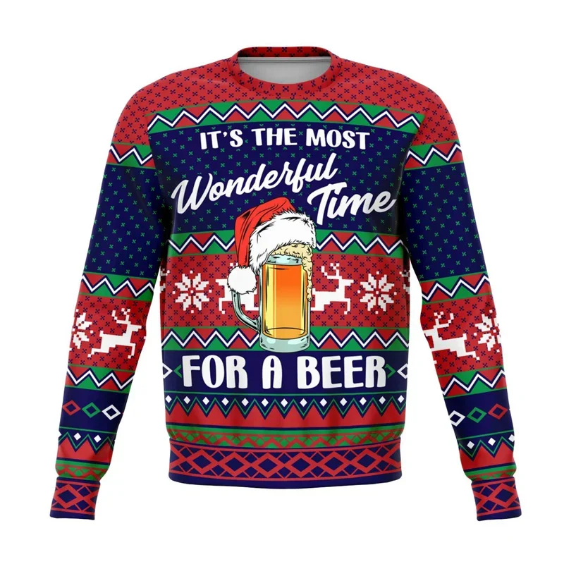 Beer Pattern Ugly Christmas Sweater Men Round Neck Pullovers 3d Printed Wine Drinks Xmas Sweatshirt Tops Women Oversized Hoodie