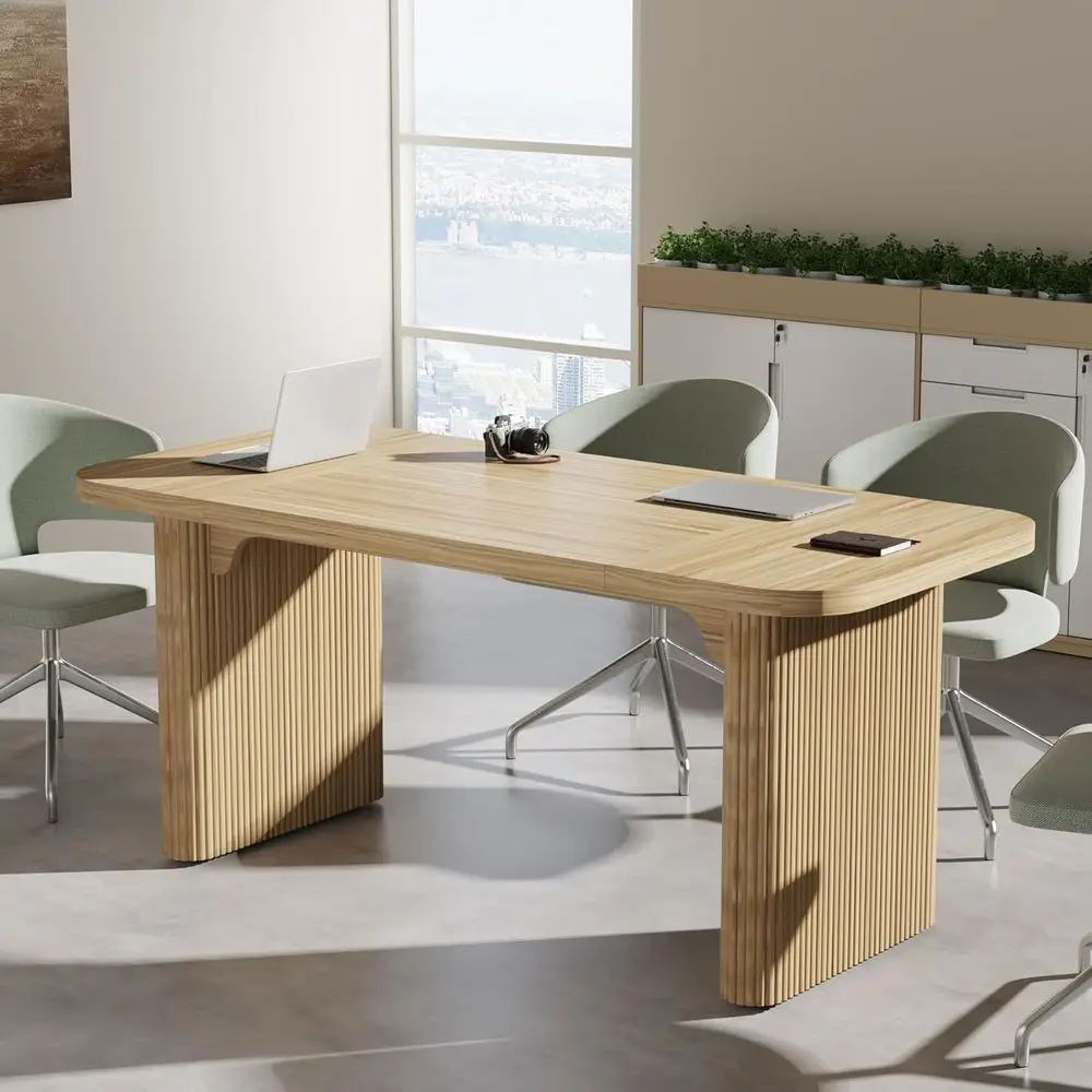 

62 Double Pedestal Conference Table, Large Natural Wood Seminar Meeting Table