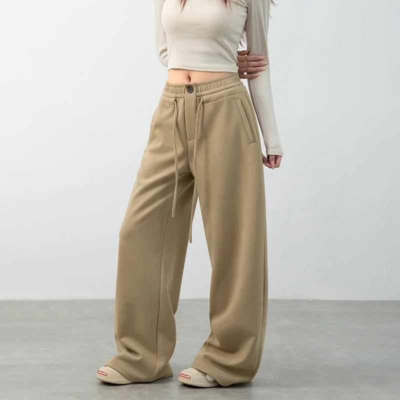 2025 New Drawstring Khaki Sweatpants Women Autumn Winter American Retro Baggy Wide Leg Trousers New Versatile Skateboard Pants