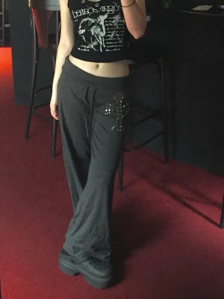 بنطلون طويل رمادي واسع الساق فضفاض عالي المرونة ناعم ومريح بتصميم SEI ستار مع زخارف معدنية على الطراز الكوري للعمل بسيط مستقي...