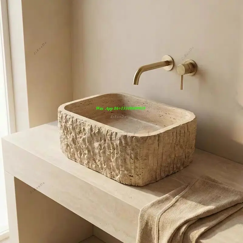 Natural Marble Table Basin Square Broken Effect Wash  Art Basin Retro Stone Table Basin