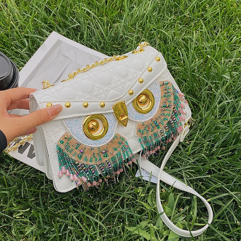 Diamond Small Bag Luxury Design 2023 New Owl Messenger Bag PU Leather Tassel Purse Phone Bag Portable Y2K Crossbody Bags