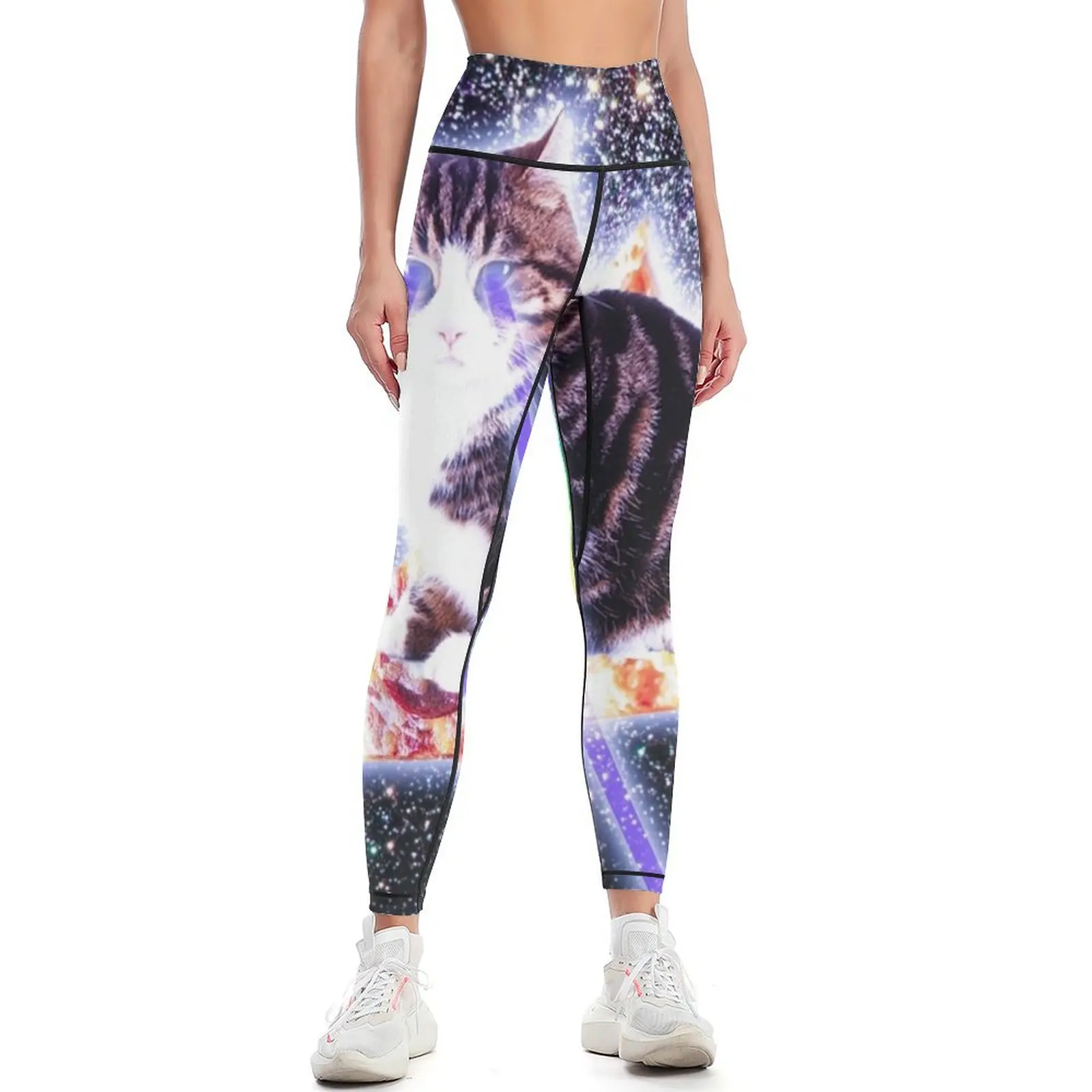 

Laser Eyes Space Cat Riding Rainbow Pizza Leggings Women's high waist Sports pants woman Tight fitting woman Womens Leggings