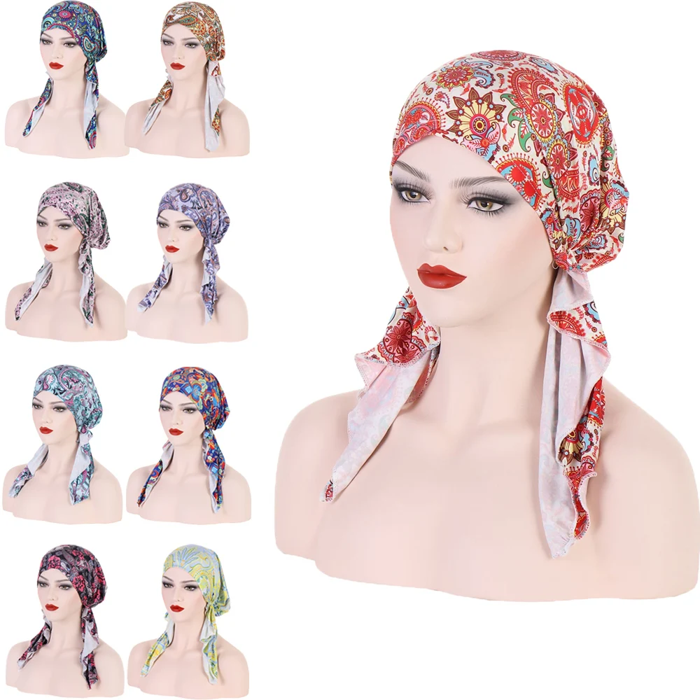 

Womens Muslim Hijab Leaves Flower Print Hat Turban Cap Cover Scarf Wrap Pre-Tied Hijab Turban Chemo Cap Headwear Stretch Bandana