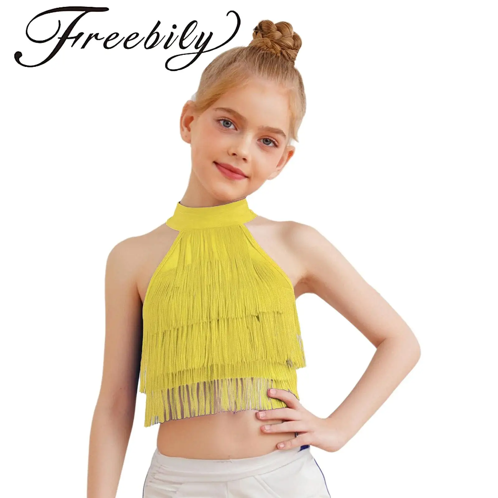 

Kids Girls Tassels Latin Dance Vest Costume Fringe Crop Top Sleeveless Strappy Back Tiered Tassels Vest