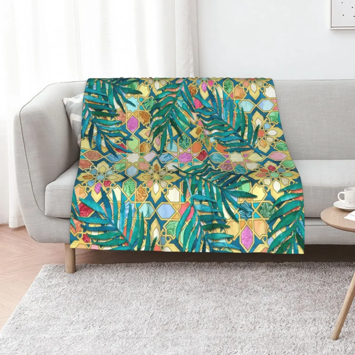 Gilded Moroccan Mosaic Tiles with Palm Leaves Throw Blanket Comforter For Baby Beautifuls Luxury Throw Blankets