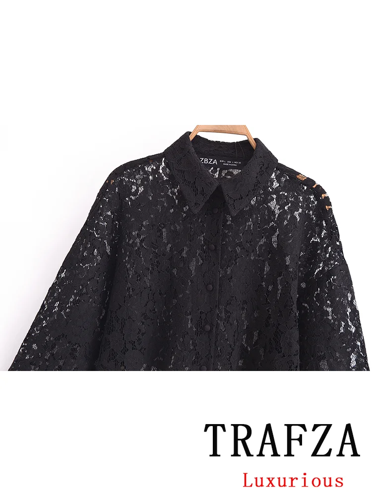 TRAFZA Vintage Casual Lace Women Suit Single Breasted Long Sleeve Shirt Loose Long Pants Chic Fashion 2024 Spring Basics Sets