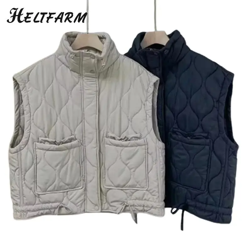 

2023 Autumn Winter Women Pocket Parkas Mid-neck Cotton Jacket Zipper Sleeveless Female Padded Waistcoat