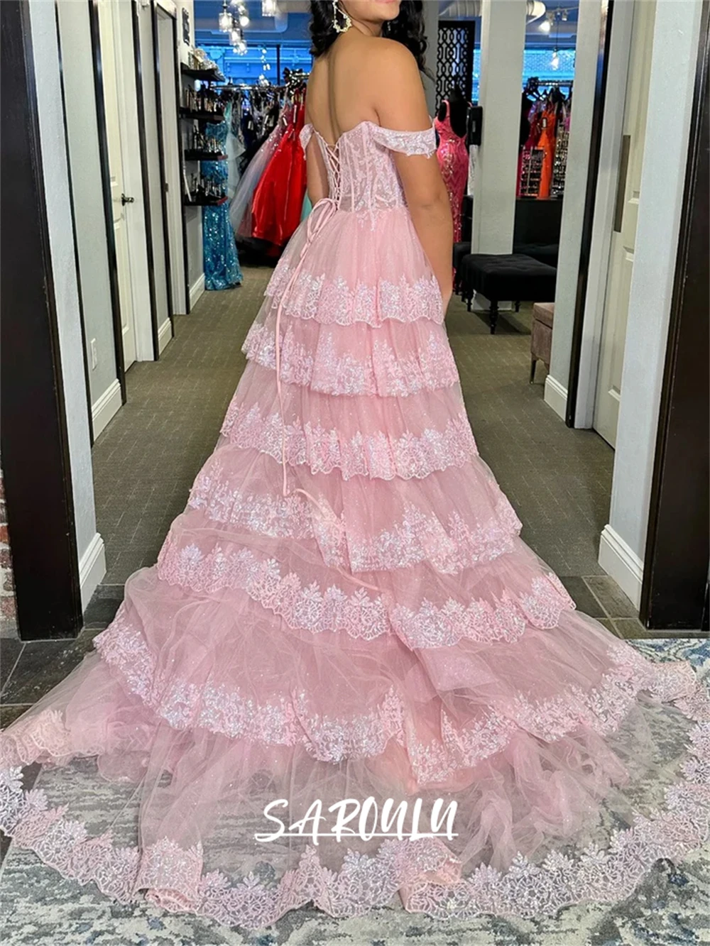 Sweet Tiered Prom Dress for Women A Line Lace Evening Dresses Off The Shoulder Sweet 15 Dresses Quinceanera Cocktail Dresses