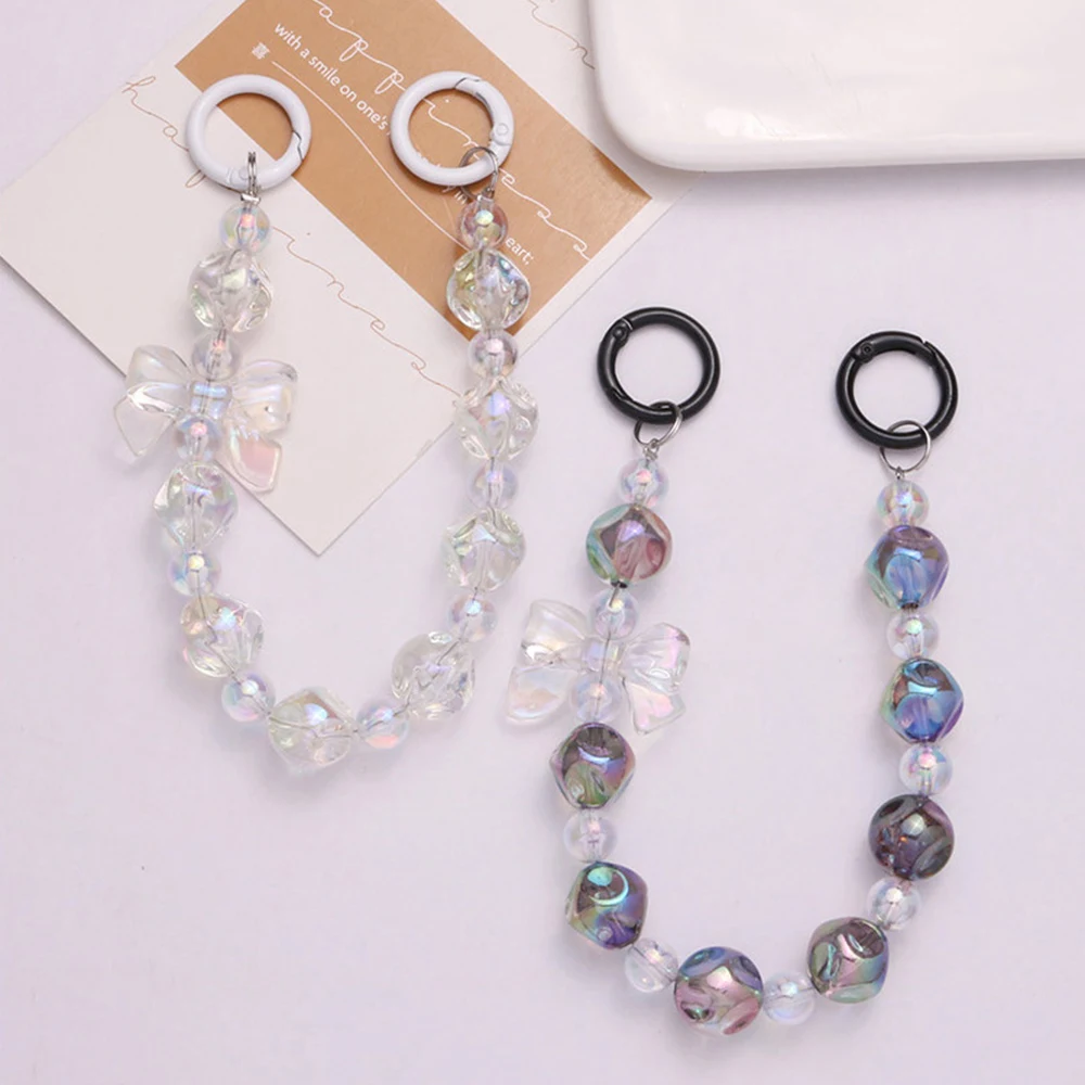 Sweet Cute Candy Bow Beaded Mobile Phone Chain Charm Women Bagbag Cell Phone Case Anti-loss Wide Wrist Strap Lanyard Jewelry