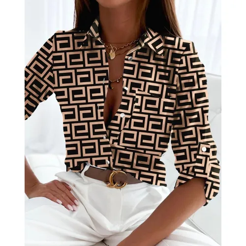 Camisa de manga larga para ir al trabajo para mujer, camisa informal de vacaciones con solapa estampada a la moda, camisa elegante para mujer Primavera/Verano