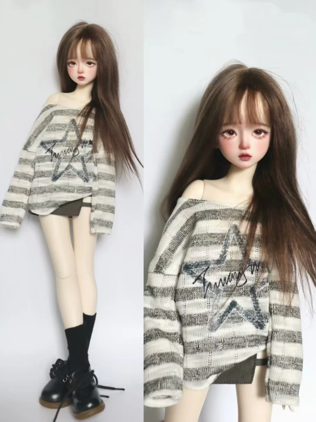 Roupas de boneca bjd (1/4 bjd), roupas de bebê, tops de malha, roupas listradas, padrões de estrelas e saias curtas com pernas expostas