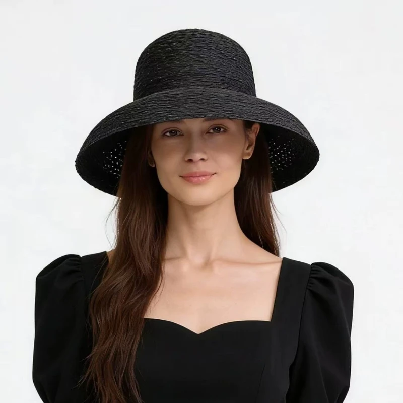 Summer Hepburn Style Vintage Design Big Eaves Straw Hat  Women Solid Color Beach Holiday  Breathable Big Sun Gorra
