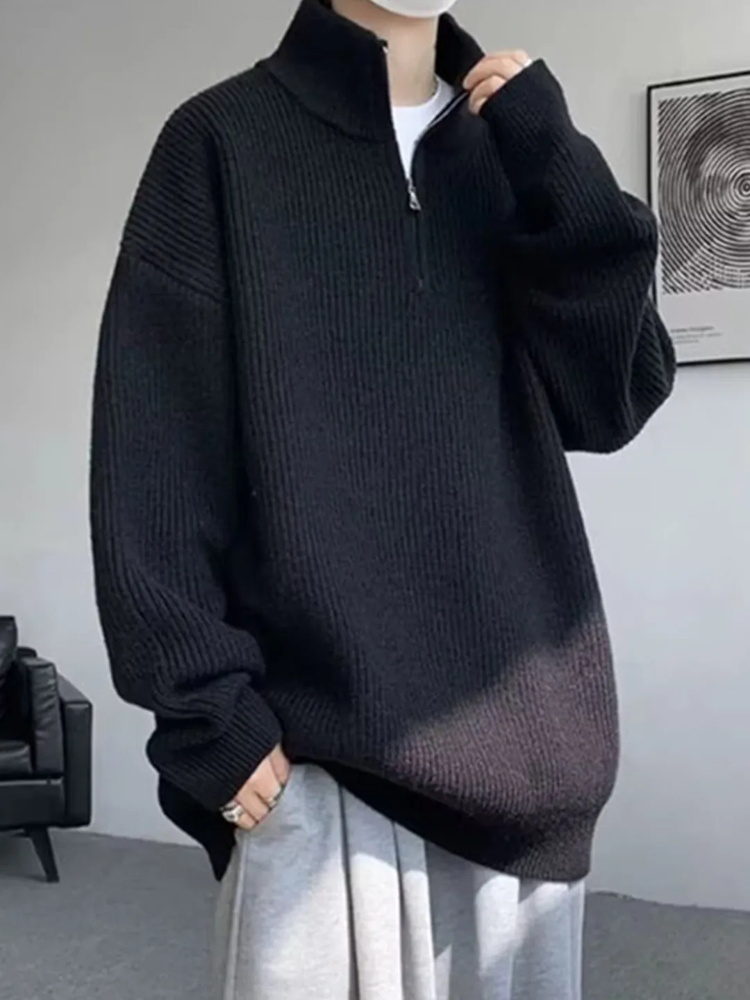 Thiened f-Collo alto Cerniera Maglione lavorato a maglia da uomo Colore puro Mid-Ne Pullover Inverno Faion Caldo morbido lungo Sve Top