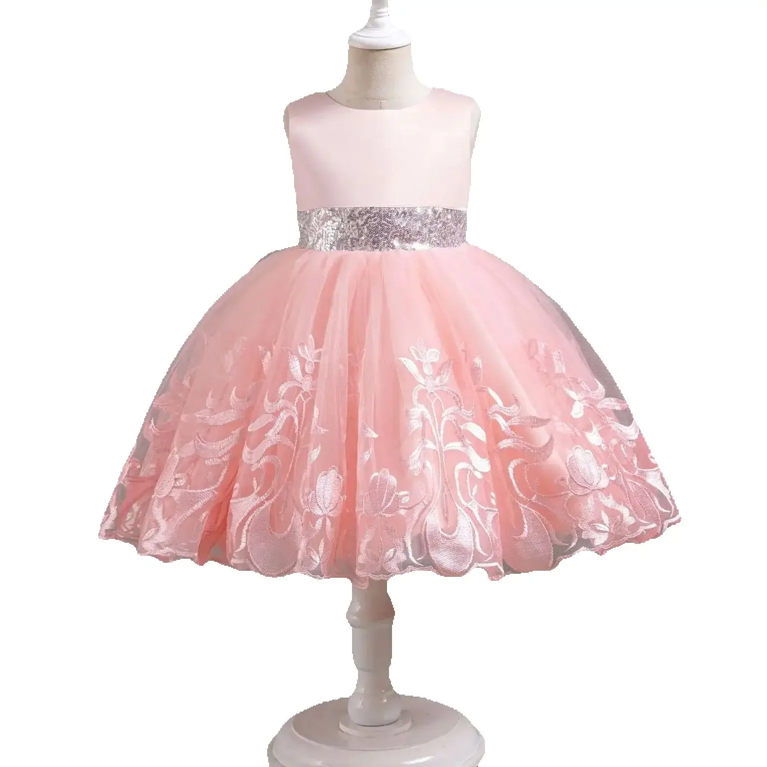 HETISO Girls Party Dress with Embroidered Flower Design And Silver Sequined Belt Elegant Children's Gown for Ages 4-10 Ideal Chr