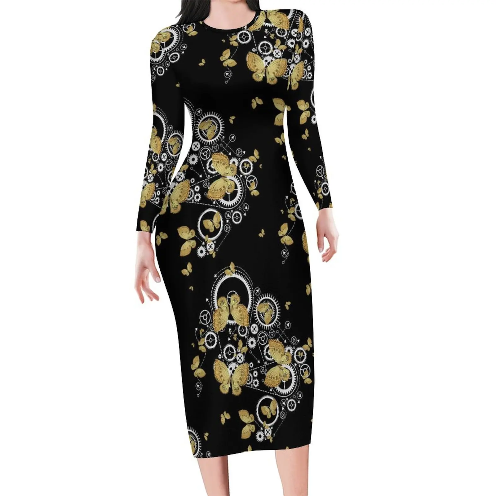 Gold Butterfly Dress Female Gears Print Street Wear Bodycon Dress Autumn Long Sleeve Retro Dresses Custom Oversize Vestidos