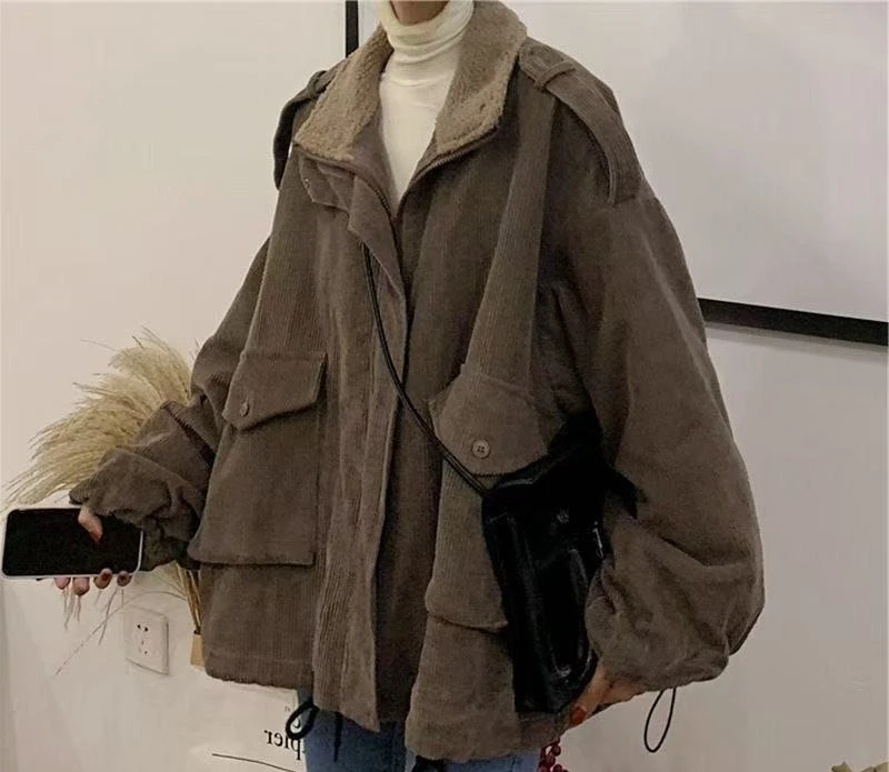 

2025 Winter Lamb New Corduroy Jacket Loose Thick Warm Workwear Cotton Jacket