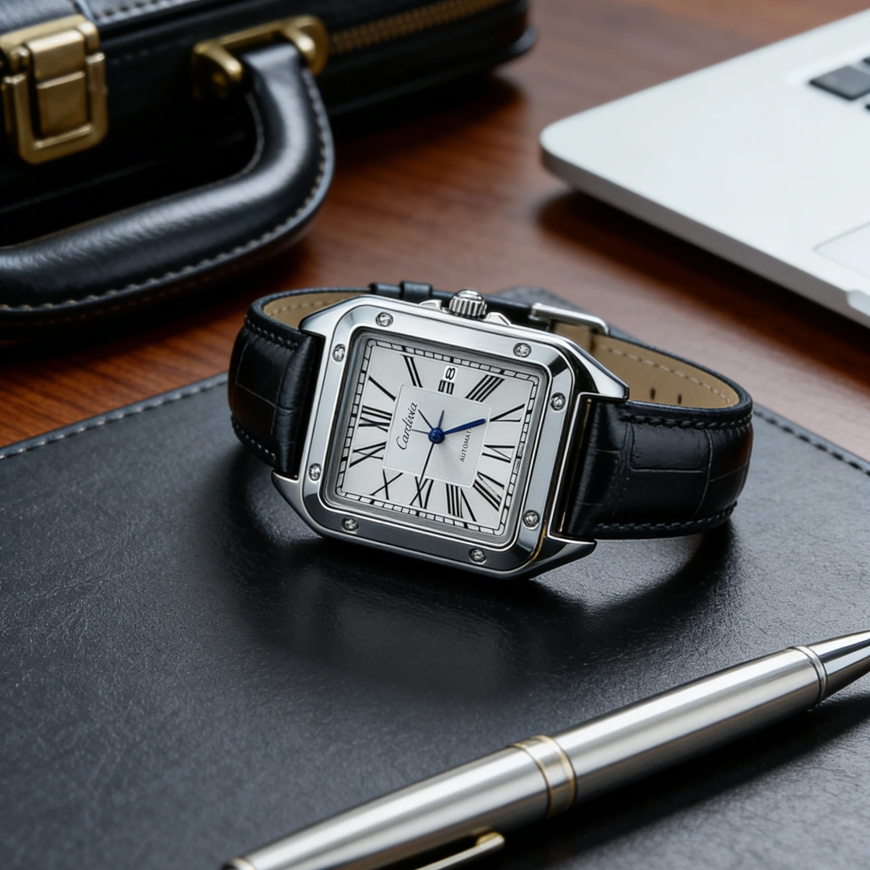 New Women's Watch with Square Roman Numerals, Quartz Movement, Luxurious Stainless Steel Case, Black Leather Strap, Elegant Dress Watch, Date Display, Waterproof, Classic Wristwatch, Women's Vintage Style Watch for Formal and Daily Wear