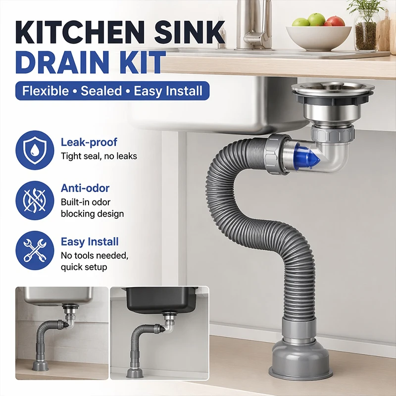 Retractable Sink Drain Hose and Strainer Set Anti-Clog Deodorizing Easy Removal Waste Pipe for Single Bowl Kitchen Mop Sink