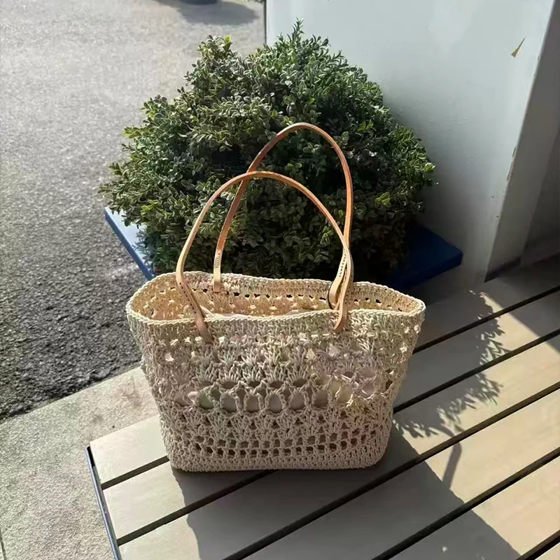 Brand Woven Spliced Cowhide Tote Bag Solid Color Bucket Shaped Large Capacity Shoulder Bag Versatile Vacation Commuting Bag New