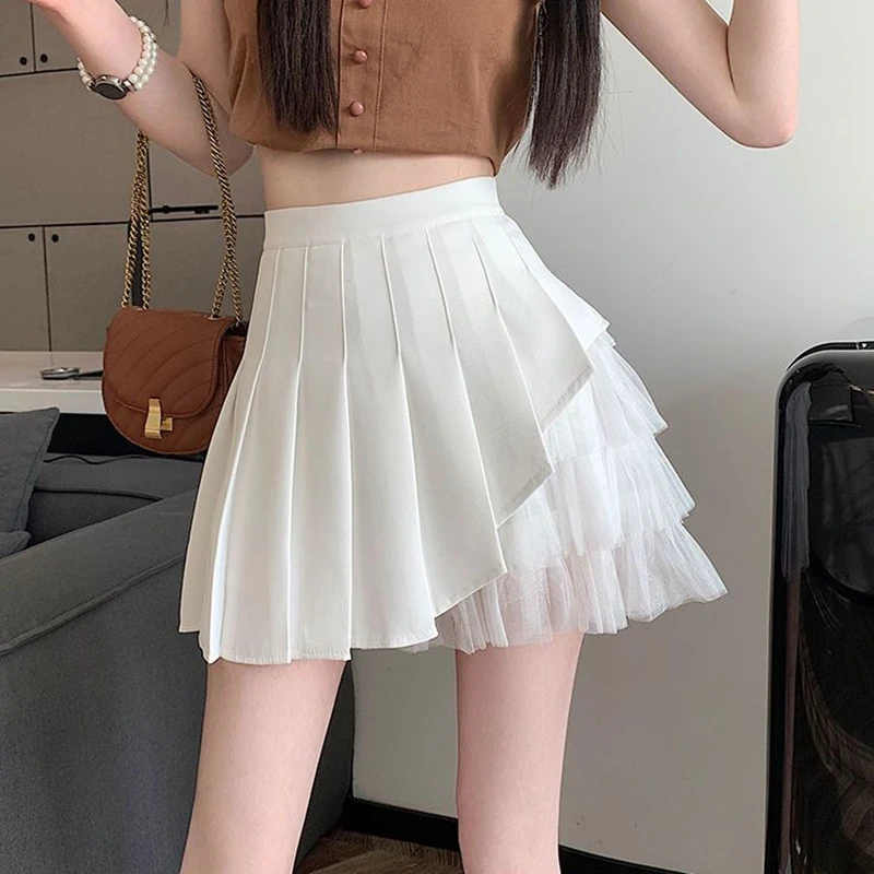 Summer Women Solid Tulle Skirt Korean Preppy Irregular Mesh Stitching Sweet Fashion A-line Skirts High Waist Pleated Mini Skirt