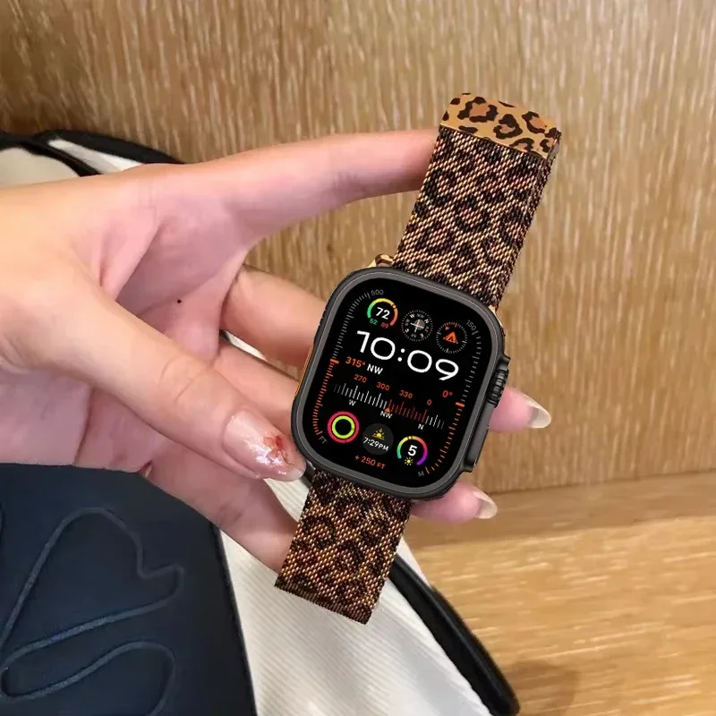 Milanese Loop Band For Apple watch Ultra Strap 49mm 46mm 44MM 45mm 41mm 40mm 42MM Leopard bracelet iwatch series 10 9 8 7 6 5