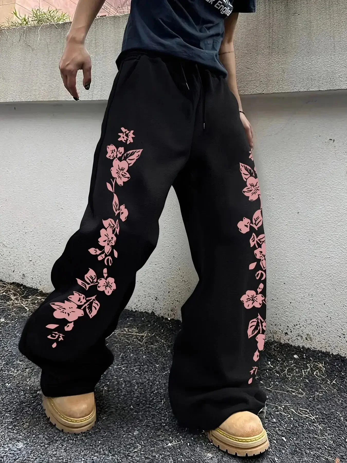 Men's Y2K Harajuku Japanese Cherry Blossom Print Baggy Wide Leg Sweatpants Casual Streetwear Loungewear Trousers for Adult Men