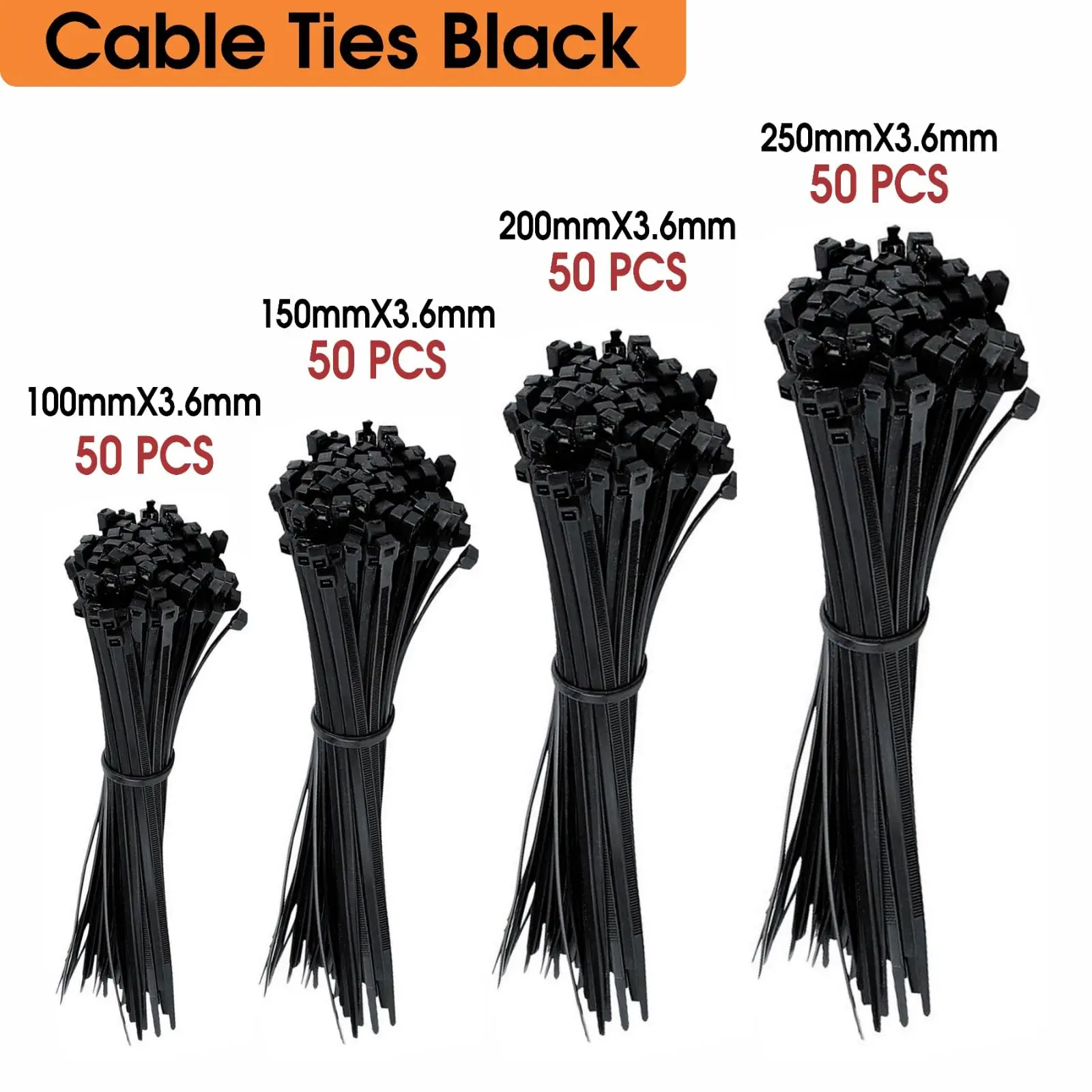 200pk Mixed Cable Ties - 4 Sizes (100-250mm) Heavy Duty Nylon Zip Ties