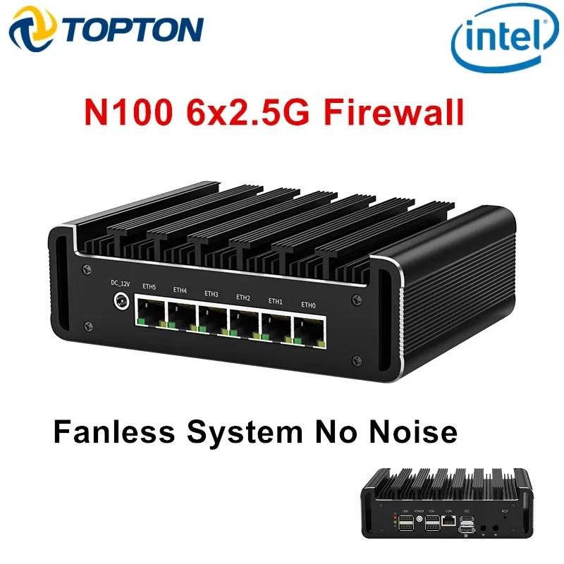 Topton 12th Gen Intel N100 Fanless Mini PC 6x2.5G i226-V DDR5 NVMe RJ45 COM Firewall Industrial Computer pfSense OPNsense Server