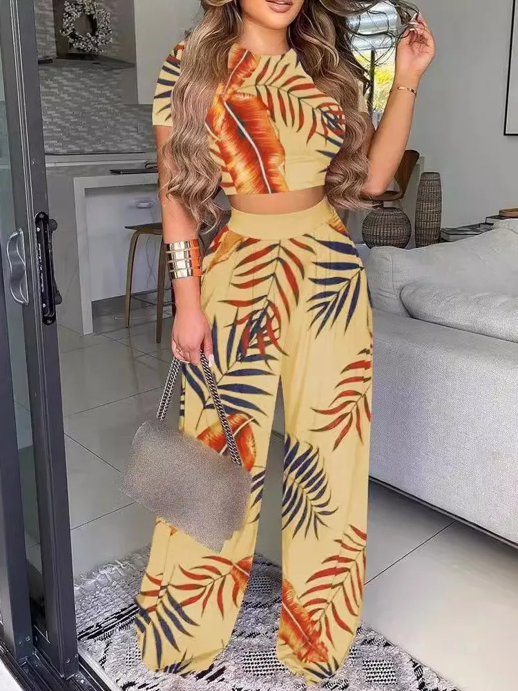 Damen-Set im eleganten Stil, kurzärmeliges Oberteil, Hose mit weitem Bein, zweiteiliges Set, Sommermode, bedruckt, bequemes Freizeithosen-Set