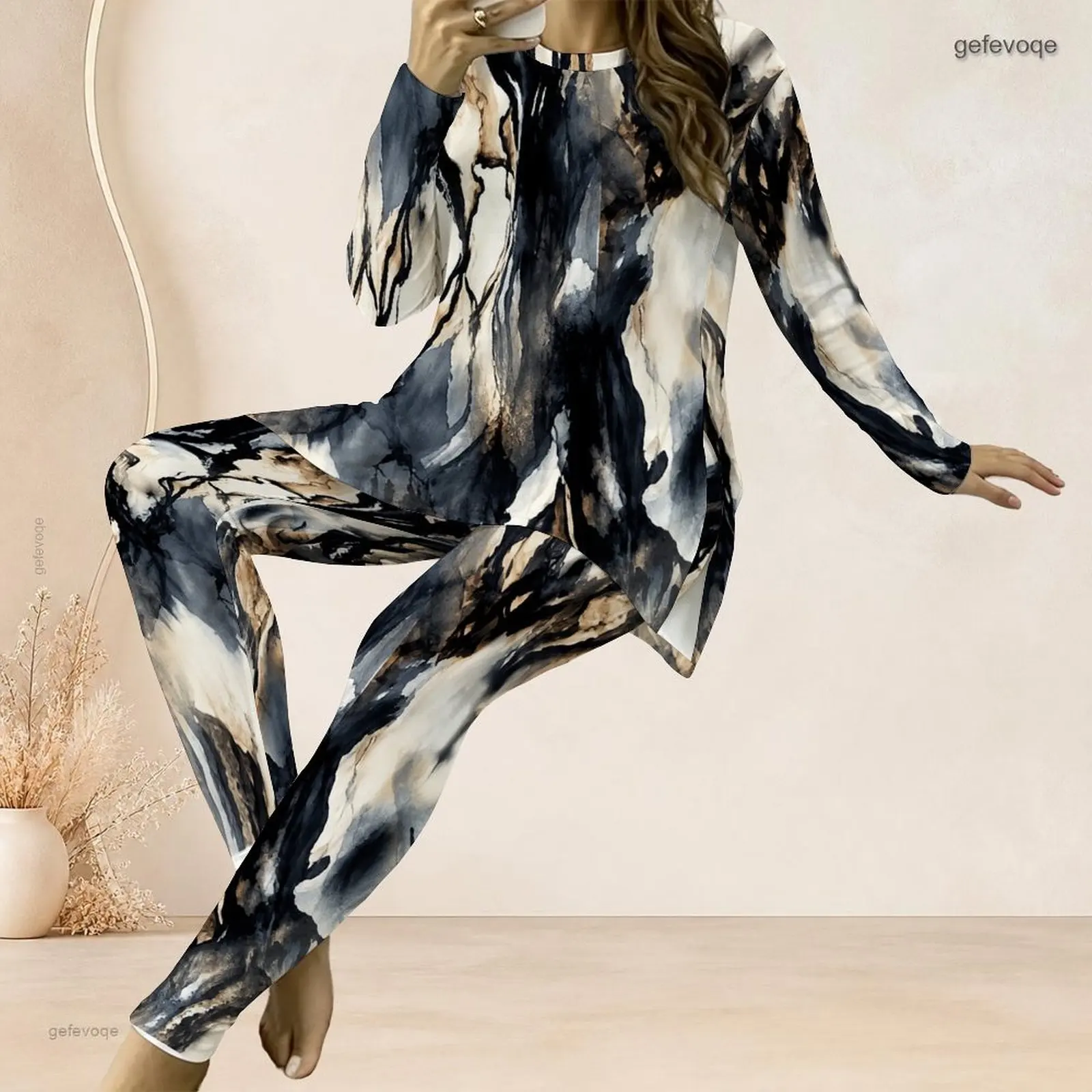 Women Abstract Marble Printed Round Neck Long Sleeve Top and Fitted Pants Two Piece Set
