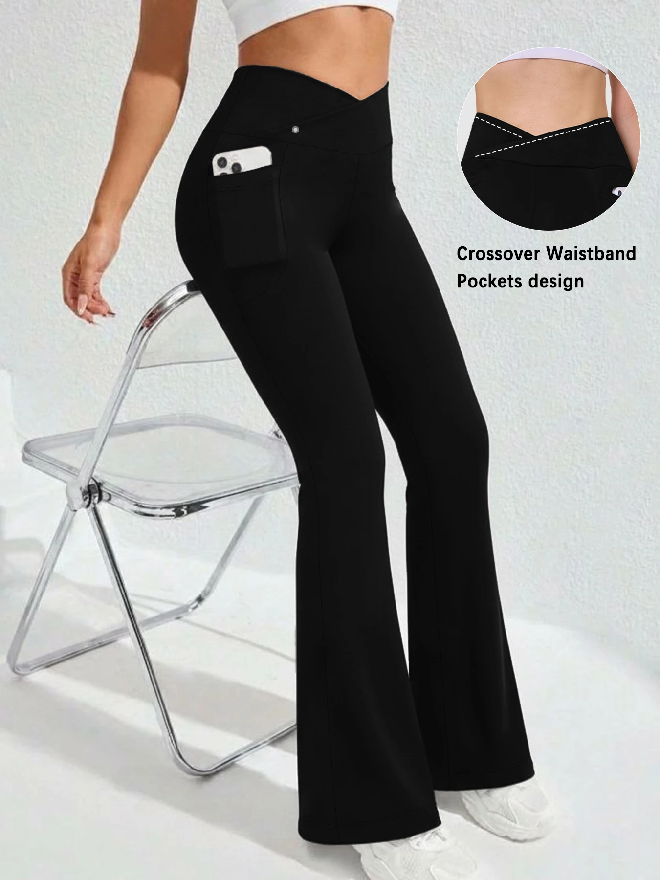 Leggings acampanados de cintura alta súper suaves para mujer con bolsillos, control de abdomen, estilo yoga y corte de campana