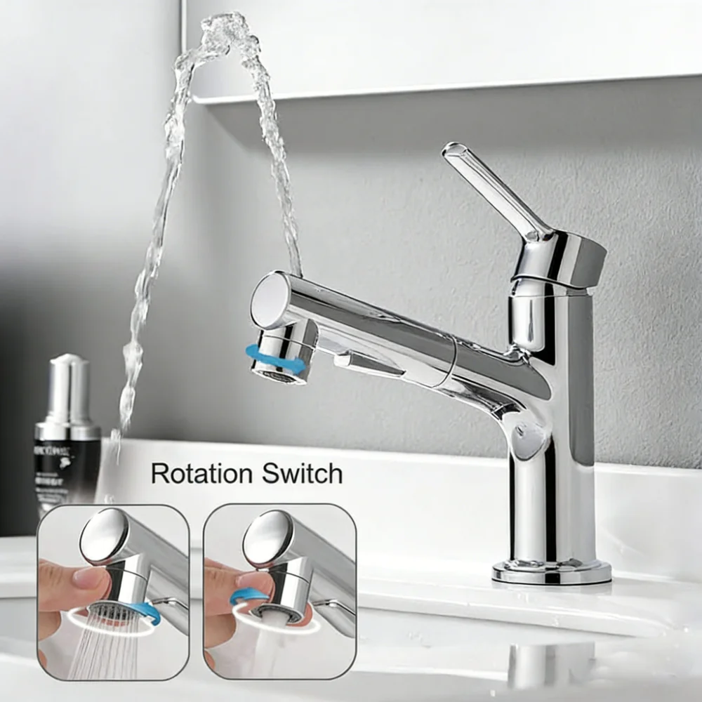 Copper Basin Pull-out Faucet Wash Basin Hot And Cold Upper Outlet Faucet With Pull Out Sprayer 3-modes Rotating Spout