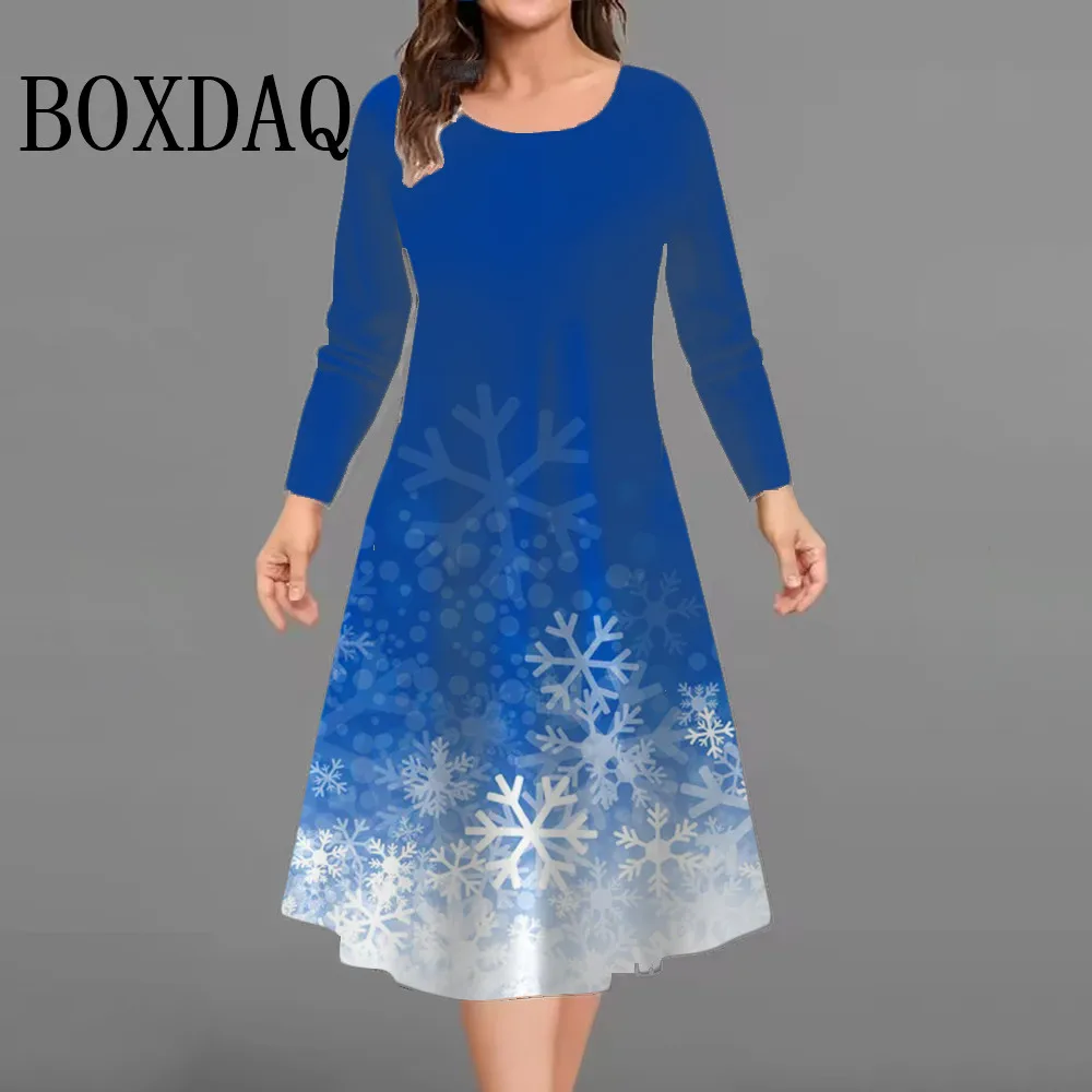 

2025 Women Dresses Fashion Christmas Snowflake Printed Party Dress Casual Long Sleeve Autumn Winter Plus Size Loose A-Line Dress