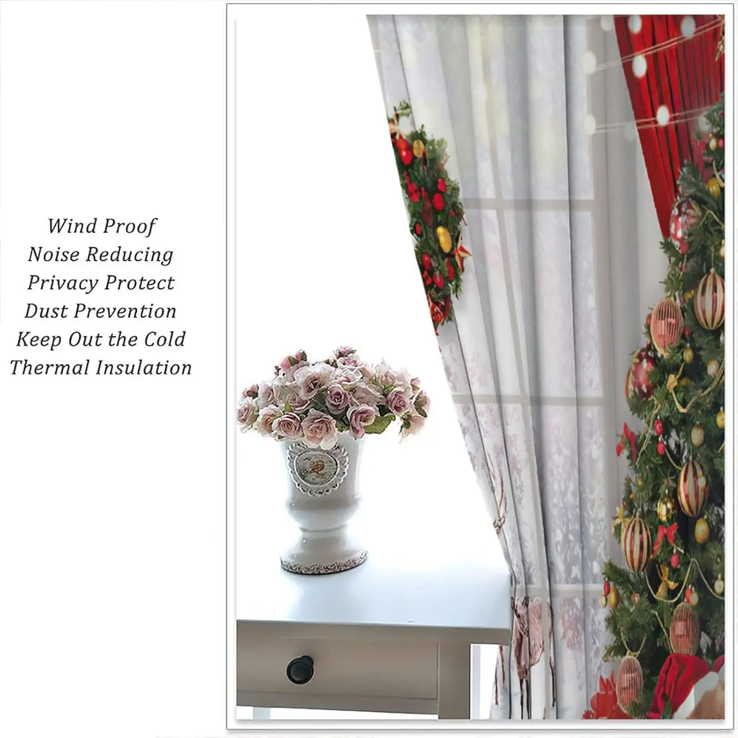 ستائر نافذة عيد الميلاد مع طباعة شجرة عيد الميلاد الشتوية اللامعة، ستائر احتفالية لديكور غرفة المعيشة وغرفة النوم