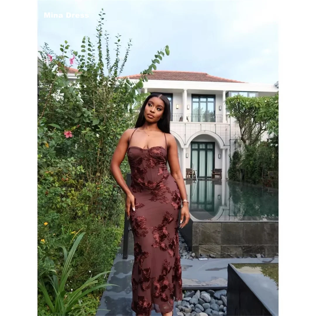 Mina Customized Brown Appliqud Spaghetti Straps Backless Sleeveless Prom Dress Prom Dresses 2026 Luxury Evening Party Special