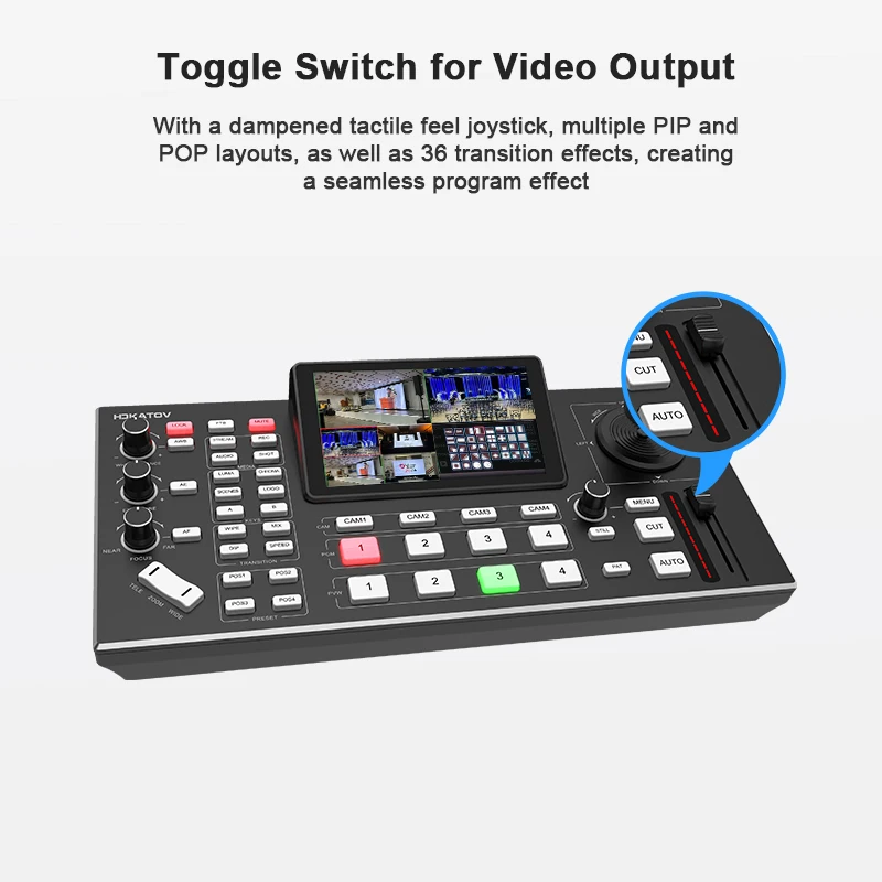 محول خلاط فيديو مع وحدة تحكم PTZ شاشة LCD مقاس 5.5 بوصة، محول بث مباشر HDMI ذو 4 قنوات مع عصا تحكم 4D