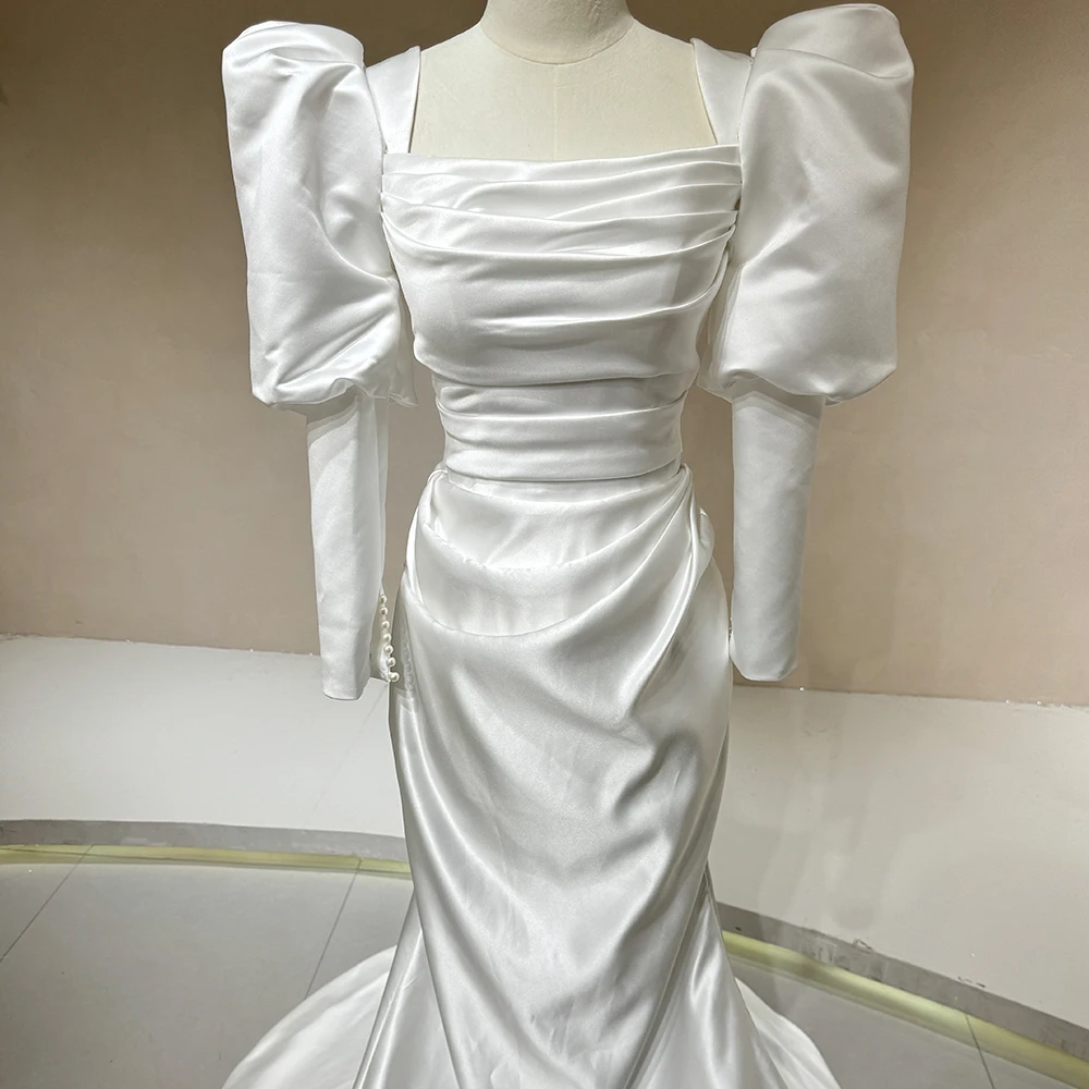 

Customized European American Women Satin Wedding Dresses Pleated Puff Sleeves Mermaid Dress Dw0013