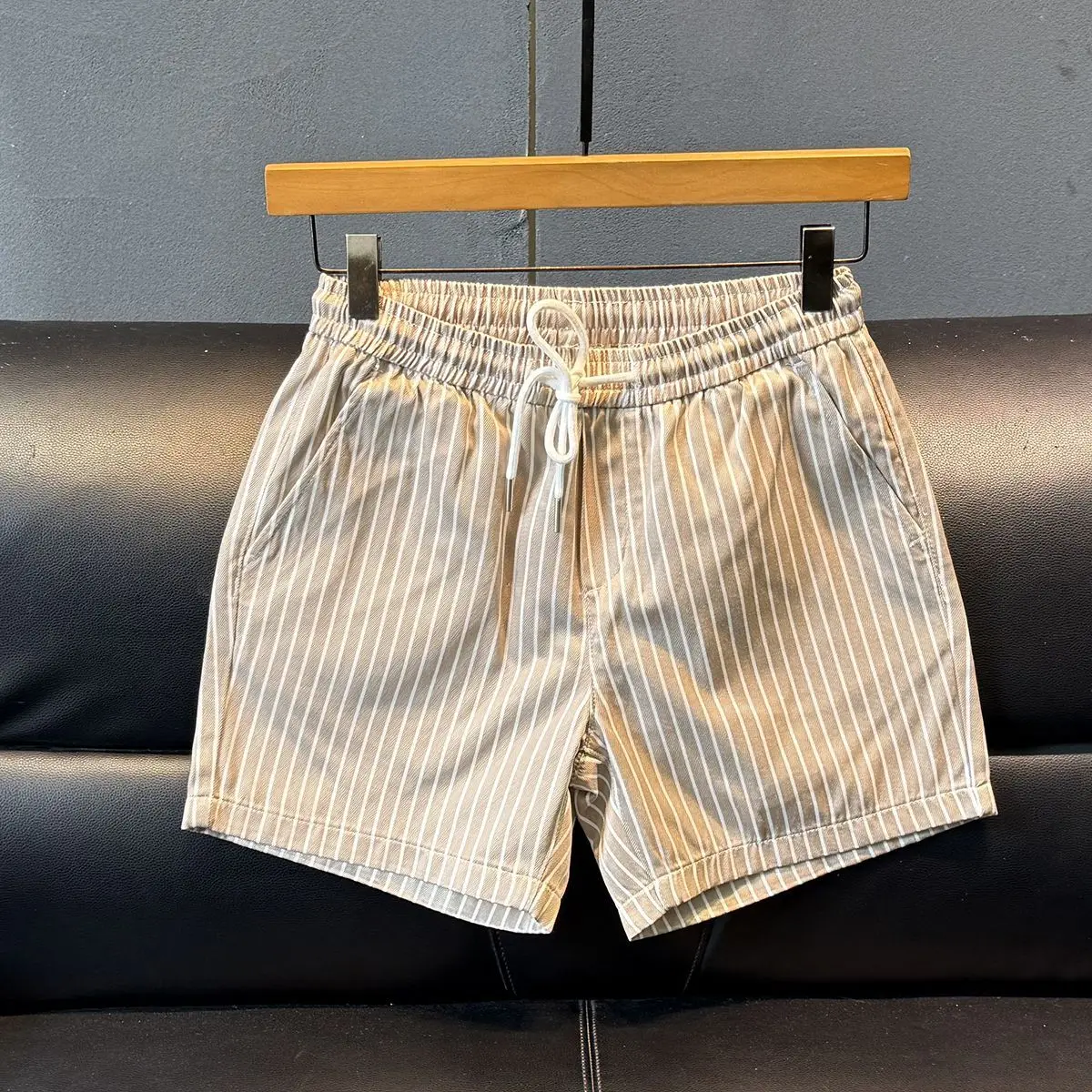

Summer Large Size 2026 New Stripe Men's Casual Slim Straight Beach Drawstring Elastic Waist Shorts Loose Fit Polyester Fiber