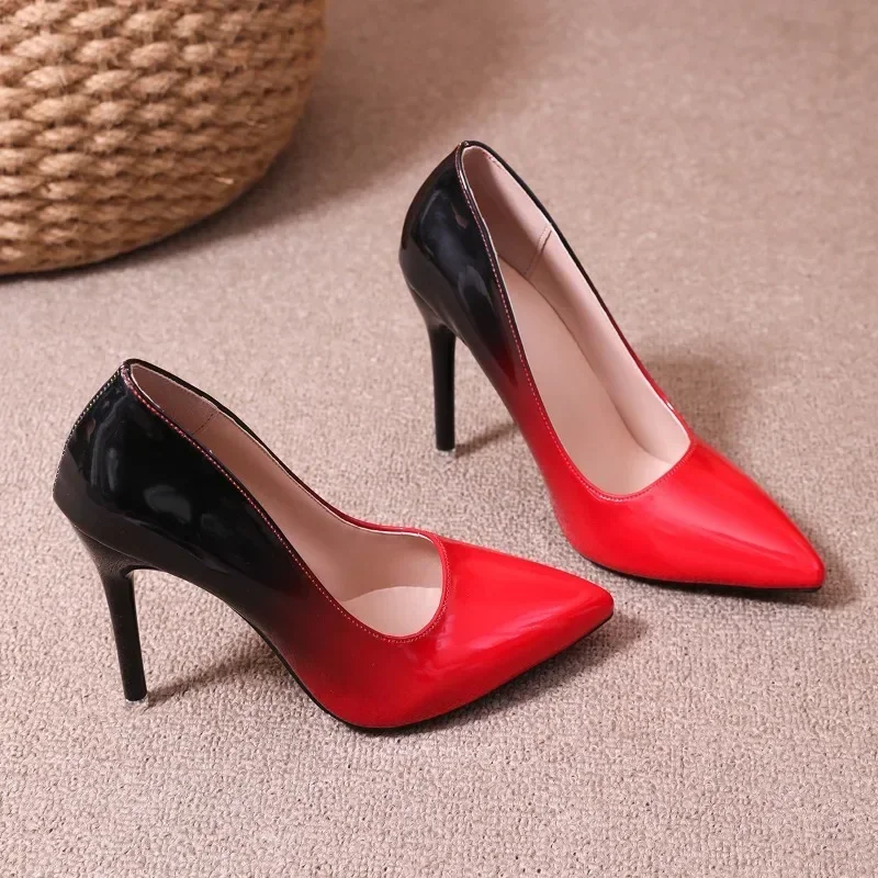 Fashion Gradient High Heels for Women's 10cm Sexy Fine Heel Pumps Party Plus Size 43 Pointed Toe Wed Shoes Patent Leather Dress