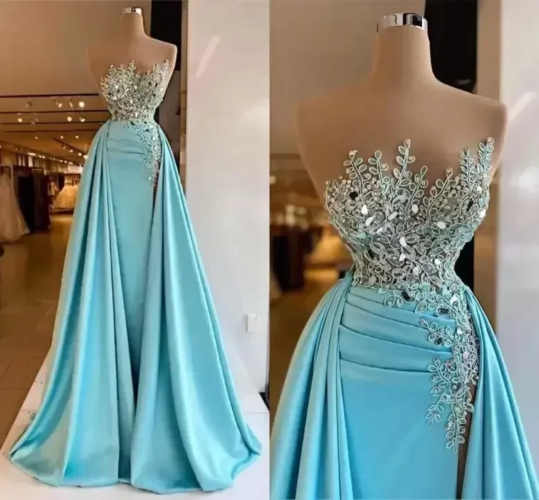 

Customized illusion sleeveless Mermaid Evening Dresses Ruched Side Split Lace Beaded Formal Prom Party Gowns vestido de novia
