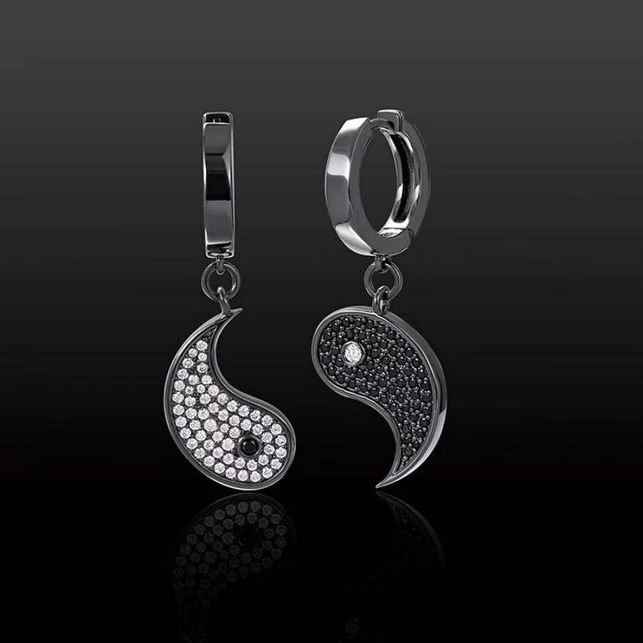 1 pair of men's earrings Europe and the United States exploded Chinese style black and white jewelry inset diamond eight trigram