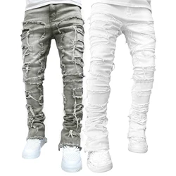 Hip Hop Men Slim Fit Pants Patch Distressed Destroyed Straight Denim Pants Patch Frayed Denim Pants Casual Leggings Trousers