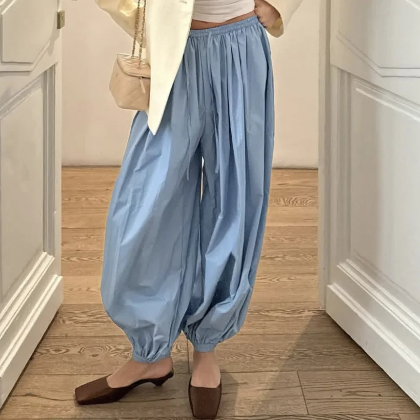 Loose Casual Pleated Bloomers Women Trousers Blue High Waist Cuffed Pants Female Summer New Elegant Vacation Streetwear