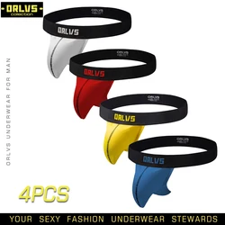 ORLVS 4PC/LOT Men Underwear Sexy Jockstrap Men Bikini Briefs Hollow G-Strings Thongs Gay Men Underwear Breathable Penis Pouch