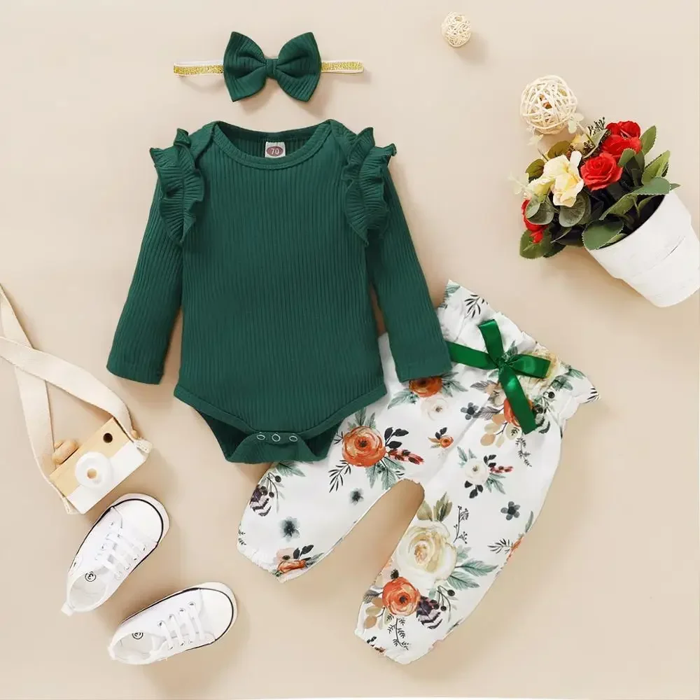 0-24M Newborn Cute Baby Girls Clothes 3Pcs Set Ruffle Romper Infant Spring Autumn Toddler Outfit Long Sleeves Bow Pants Headband