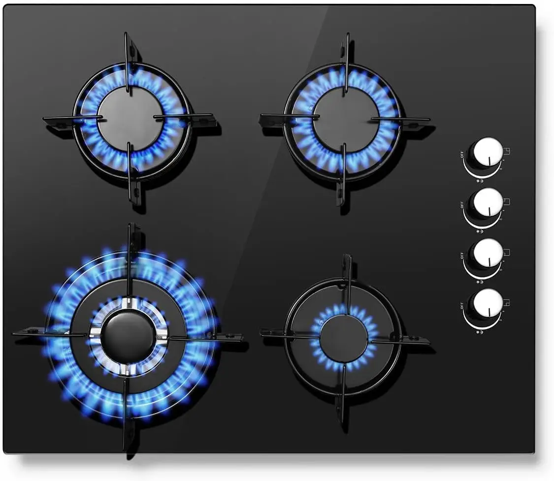 Tieasy 4 Burner 60cm Kitchen Built in Cooktop Tempered Glass NG/LPG Gas Hob YYUKGCT-B04