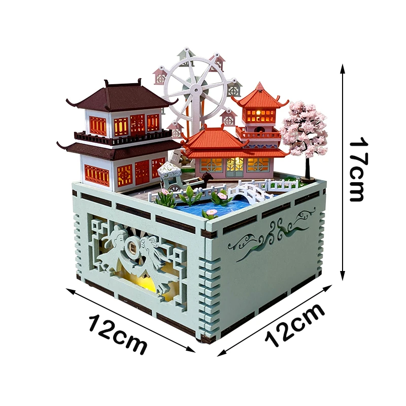 DIY Music Box With Ferris Wheel Wooden Doll Houses Chinese Ancient Casa Miniature Building Kits Dollhouse for Girls Xmas Gifts